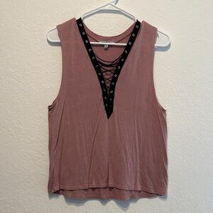 Charlotte Russe Mauve Dusty Rose Pink Lace-Up Tank Top Edgy Metal Deep V Size M